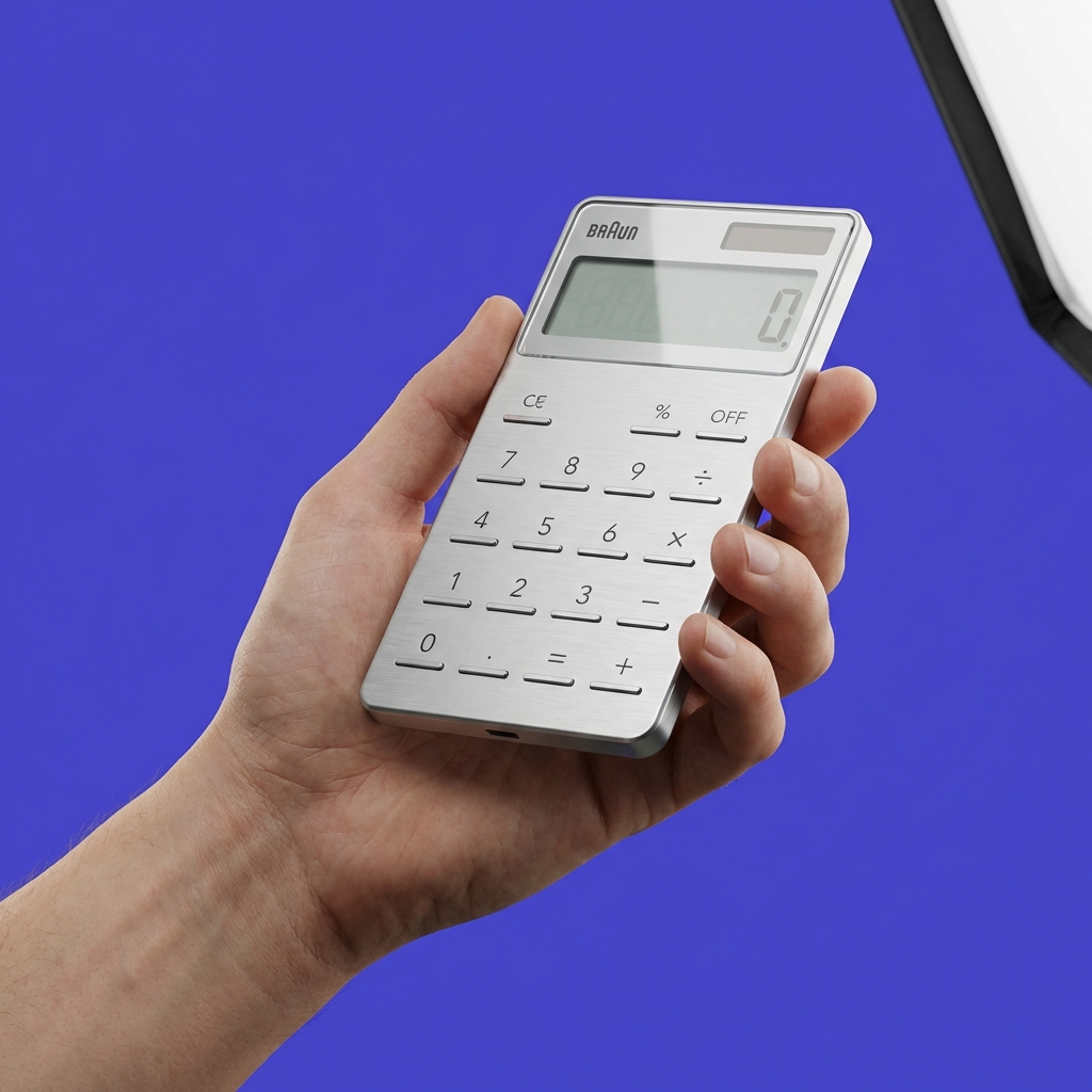 Hand holding a modern calculator